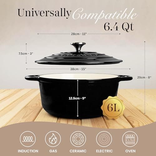 Nuovva Enamelled Cast Iron Dutch Oven Pot with Lid – 6.4 Quart Non Stick Casserole Pot – Heavy Duty & Oven Safe up to 500° F for Bread Baking, Braising, Stews, Roasting – 28cm Black view 2