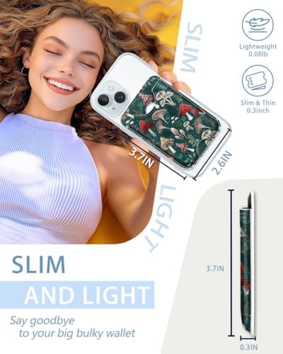 Mavellin for Magsafe Magnetic Phone Wallet, Mushroom Green Magnetic Credit Card Holder Case, Slim RFID Vegan Leather Magnet Wallet Women, Stick on Back for iPhone 16 15 14 13 12 Pro Promax, 3 Cards view 3