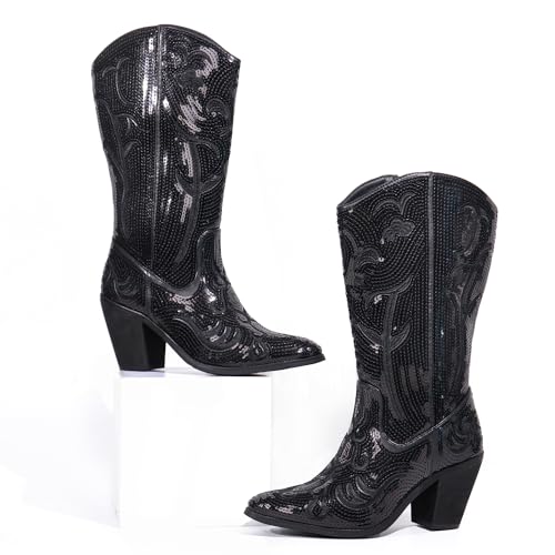 Hawkwell Women's Sequin Mid Calf Western Cowboy Boots Wide Calf High Fashion Zipper Pointed Toe Embroidered Tall Cowgirl Boots view 6