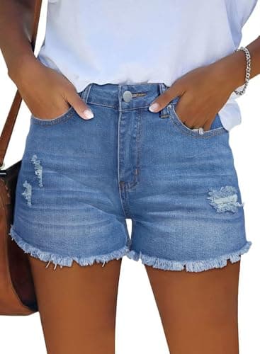 MixShe Womens Mid-High Waisted Stretchy Denim Shorts Distressed Ripped Jean Shorts Casual Summer Hot Pants Light Blue X-Small
