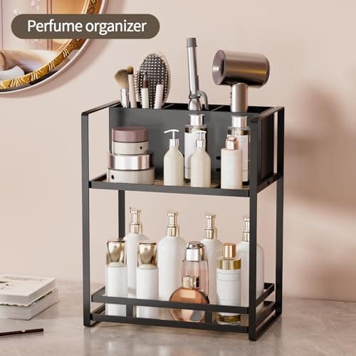 SanDream Hair Tool Organizer Bathroom Countertop, 2-Tier Metal Bathroom Organizer with Blow Dryer Holder, Large Capacity Space-Saving Vanity Shelf for Perfume, Skincare & Makeup Storage (Black) view 6