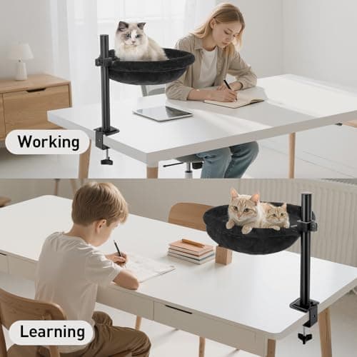 Cat Desk Bed, Heavy Duty Steel Clamp-On Various Desktops, Machine Washable Reversible Cat Beds for Large & Kitten, 360° Rotating Height Adjustable, Indoor Cats Nest Furniture Supports 45lbs, Black view 6