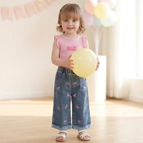 vfvBaby Toddler Baby Girl 2 Piece Outfits Pink Ruffle Sleeve Bow Top & Bow Print Denim Jeans Set Cute Casual Summer Clothes view 6
