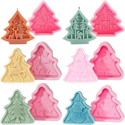 6pcs Christmas Tree Shaped Silicone Mold Set, Atarvana Relief Style Christmas Molds with 10pcs Candle Wick for Soap Candle Making -Christmas Trees, Santa Claus, Reindeer, Snowman