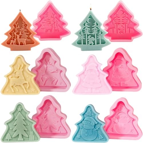6pcs Christmas Tree Shaped Silicone Mold Set, Atarvana Relief Style Christmas Molds with 10pcs Candle Wick for Soap Candle Making -Christmas Trees, Santa Claus, Reindeer, Snowman — image 1