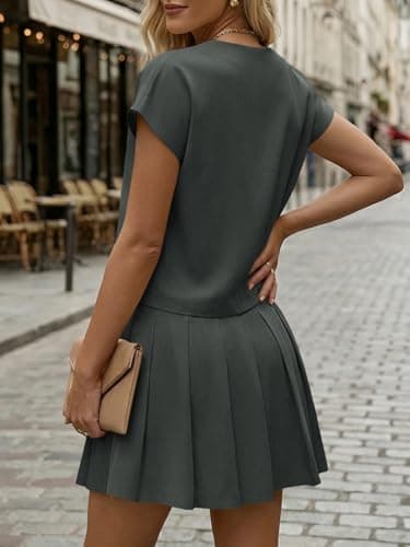 Wenrine Womens 2 Piece Skirt Sets Summer Casual V Neck Crop Tops Pleated Mini Skort Skirts Vacation Outfits Matching Sets view 5