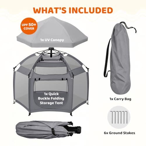 Dripex Baby Playpen, Portable Pop Up Playpen with Canopy, Beach Tent Grey | Petite-Friendly Easy Setup,Auto Anti-Pinch Lock,Zippered Access Window,Bug-Free Outdoor Play,Quick Buckle Folding Storage view 3