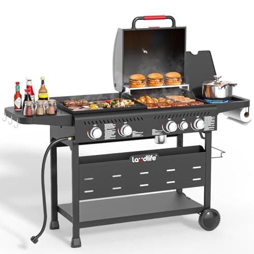LAUDLIFE 5-Burner Propane Grill Griddle Combo with Side Burner, Dual Zone BBQ Gas Grill, Non-Stick Porcelain-Enameled Surface, Easy to Clean, 702 Sq.In. Cooking Area, Heavy-Duty Stand for Backyard view 1