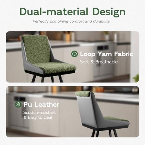 Ollega Bar Stools Set of 2, 26" Counter Height Bar Stools, Upholstered Swivel Barstools with Backs, Loop Yarn Fabric&Pu Leather, Metal Legs for Kitchen Island, Green&Gray view 3