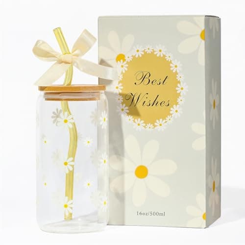 KMCCUMBER Cute Glass Cups with Lids and Straws, Teen Girl Birthday Gifts Daisy Iced Coffee Cup, Beige Aesthetic Mug Tumbler for Birthday Mothers Day Christmas Valentines Coffee Lover 16oz — image 1