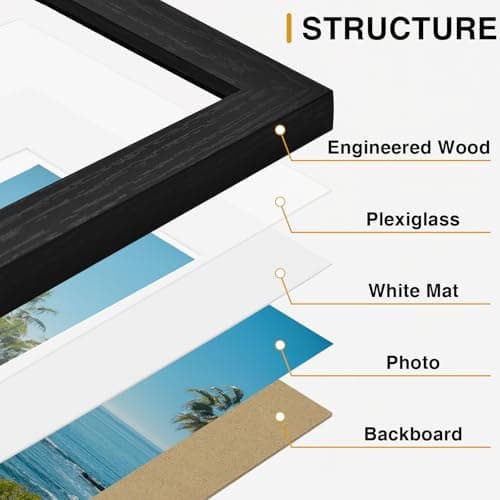 Vittanly 8x10 Picture Frames Set of 9, Shatter Resistant Plexiglass, Display 5x7 Pictures with Mat or 8x10 without Mat, Photo Frames for Wall or Tabletop, Engineered Wood, Black view 5