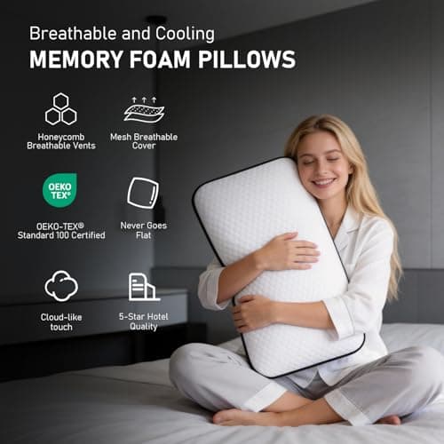 Trrisaun Memory Foam Pillows Standard Size Set of 2, Cooling Pillow for Sleeping with Breathable Mesh and Washable Cover, Bed Pillows for Back, Side & Stomach Sleepers view 3