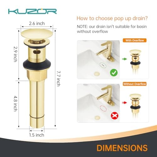 KUZOR Brushed Gold Pop Up Bathroom Sink Drain with Overflow, 1 Pack | Bathroom sink stopper fits 1-5/8 to 2 in drain holes; 304 stainless steel for vanity and vessel sink drain view 5