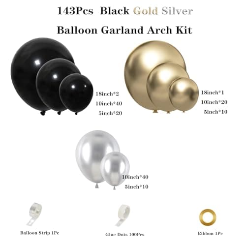 Black Gold Silver Balloon Garland Arch Kit, 143Pcs Black Gold Silver Latex Balloons for New Year 2026 Graduation Retirement Birthday Party Decoration view 2