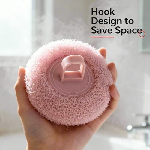 2-in-1 Sunflower Suction Cup Bath Ball, Exfoliating Mesh Shower Body Sponge with Cleaning Brush, Pink and Green, 2 Pack view 5