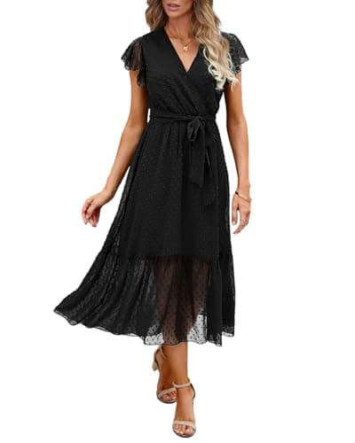 BTFBM Women Summer Bohemian Floral Casual Wrap V Neck Ruffle Cap Sleeveless Belt A-Line Pleated Hem Swing Midi Sun Dress (Swiss Dot Black, l)