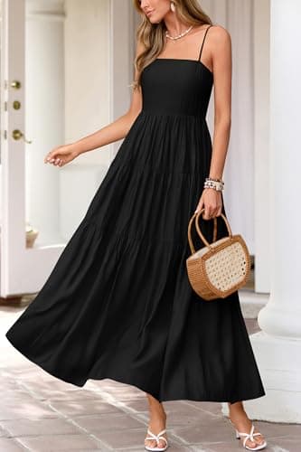 Okiwam Women's Summer Dress 2026 Casual Boho Sleeveless Spaghetti Strap Smocked Maxi Dress Ruffle Long Beach Sundresses view 2
