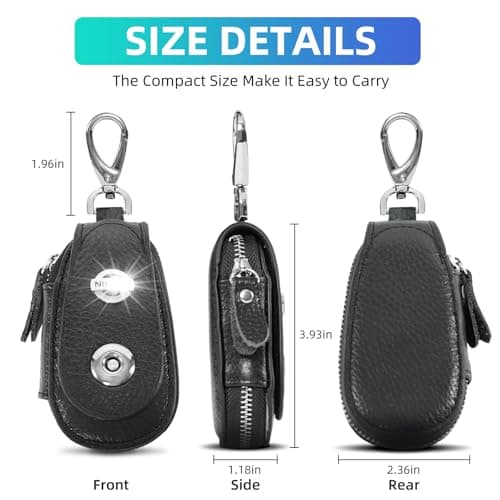 SKvoen Black Genuine Leather Car Key Pouch Fob Case for Universal Car Keys Cover, Key Chain Keychain Holder Metal Hook and Keyring Zipper Bag for Remote Key Fob view 2