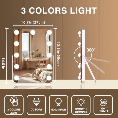 halumao 14.6" Vanity/Makeup Mirror with Lights, Hollywood Mirror with 11 Dimmable LED Bulbs,3 Color Modes,Touch Control view 2