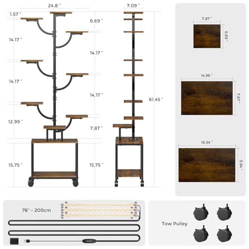 Plant Stand Indoor with Grow Lights - 9-Tier Plant Stand with Wheels, Tall Metal and Wood Indoor Plant Shelf with Tree Design, Rolling Flower Pot Holder Rack with Waterproof Finish, Adjustable Display Stand for Home Garden, Patio, 62" Tall view 2