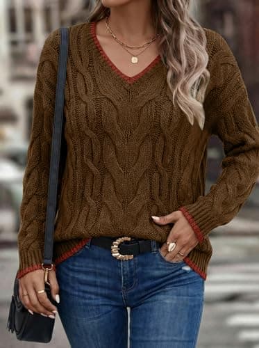 LaGracia Women's Oversized Cable Knit V Neck Sweaters Trendy Color Block Sweater Pullover 2026 view 5