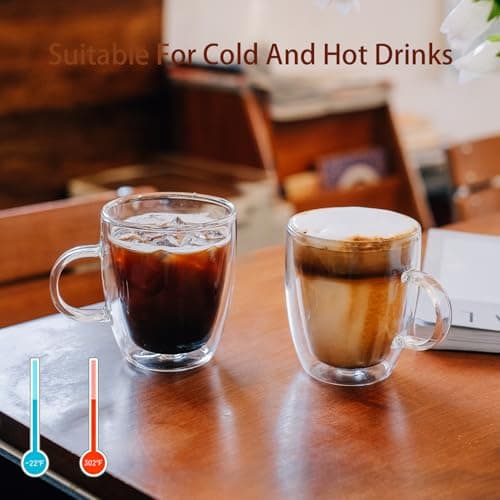 Wlasss Double Wall Insulated Glass Coffee Mugs set of 4-13 oz Clear Hand Blown Glass Coffee Cups with Handle for Cappuccino, Latte,Espresso,Tea Bags,Americano,Beverages, Gifts for Christmas view 4