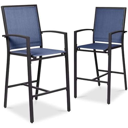 Best Choice Products Outdoor Bar Stools Set of 2, Bar Height, Patio Furniture, All Weather Mesh Design w/Armrest - Black/Navy view 1