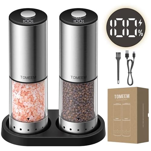 TOMEEM Rechargeable Electric Salt and Pepper Grinder Set, Battery Display | 115ml Large Capacity Stainless Steel Automatic Pepper Mill with Black Storage Base, LED Light with 5 Adjustable Coarseness — image 1