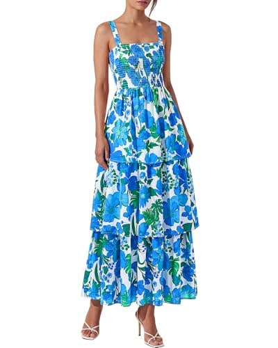 BTFBM Spring Dresses for Women 2026 Floral Spaghetti Strap Wedding Guest Dress Maxi Beach Vacation Clothes(Floral White Blue,Large)