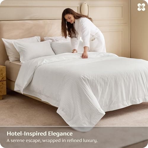 Bedsure 100% Cotton Percale Duvet Cover Queen, Luxury Hotel Duvet Cover, Striped Jacquard White Comforter Cover, PureWoven Breathable & Lightweight Bedding Set for All Season, 3 Pieces, 90"x90" view 2