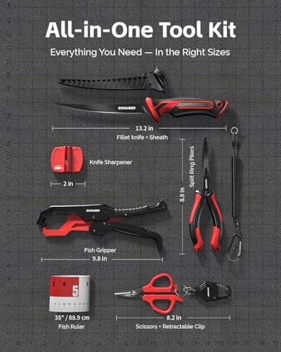 Fishing Tools Kit, 7pc Fishing Pliers Kit with Fillet Knife, Split Ring Pliers, Braid Scissors, Fish Gripper, Ruler, Sharpener & Lanyard, Saltwater & Freshwater Fishing Gear & Fishing Gifts for Men view 2