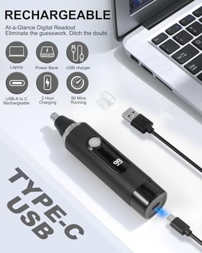 Nose Hair Trimmer for Men and Women,2026 Professional Painless IPX7 Waterproof Eyebrow & Facial Hair Trimmer,USB Rechargeable with LED Display Dual-Edge Blades for Smoother Cutting,BlackSilver view 3