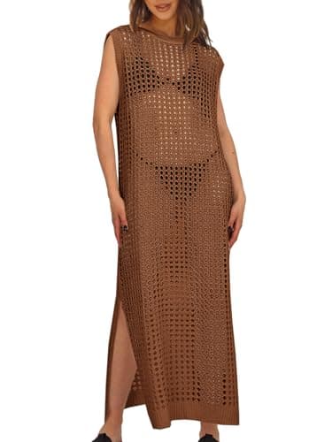 Saodimallsu Womens Crochet Swimsuit Coverup Summer Sleeveless Hollow Out Knit Crewneck Side Split Long Beach Dress — image 1