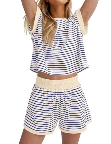 Burtell Women Summer 2 Piece Lounge Sets Striped Short Sleeve Tee Shirts Mini Shorts Loungewear Shorts Set Ribbed Pajama Set — image 1
