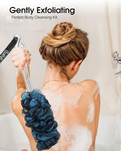 Bathflor Shower Loofah Sponge Exfoliating Body Scrubber 80g, Charcoal Loofa for Women & Men Bath Wash: 1 Long Handle Back Brush Plus 4 Packs Extra Large 80g Soft Luffa Poufs, 1 Lufa Hook (Charcoal) view 5
