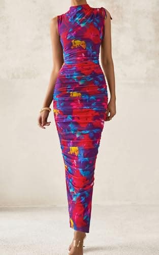 PRETTYGARDEN Women's Summer Maxi Floral Dresses Ruched Bodycon Sleeveless Mesh Formal Wedding Guest Cocktail Split Long Dress view 3