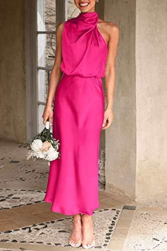 PRETTYGARDEN Women's 2026 Summer Satin Dress Elegant Sleeveless Mock Neck Cocktail Party Maxi Dresses view 2