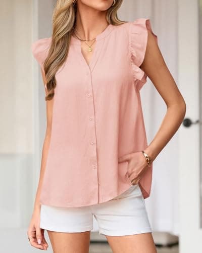 Zenlonr Womens Short Ruffle Sleeve Shirts V Neck Button Down Shirt Solid Color Going Out Spring Tops view 2