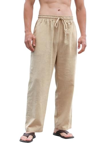 Men's Cotton Linen Pants Elastic Drawstring Lightweight Trousers — image 1