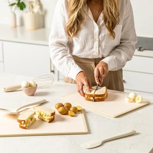 SMIRLY Plastic Cutting Board Set with Holder 3 Pieces, Non-Slip Dishwasher Safe Chopping Boards for Kitchen, Cream White view 2