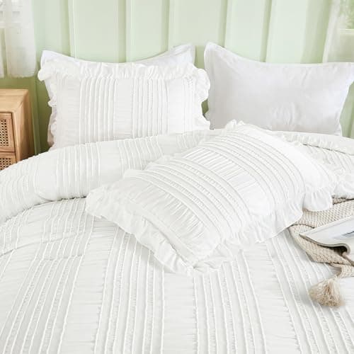 WONGS BEDDING White Queen Comforter Set,Boho Ruffle Comforter for Queen Bed,Soft Seersucker Shabby Chic Bedding Set with 1 Comforter,2 Tufted Pillowcases 90"×90" view 6