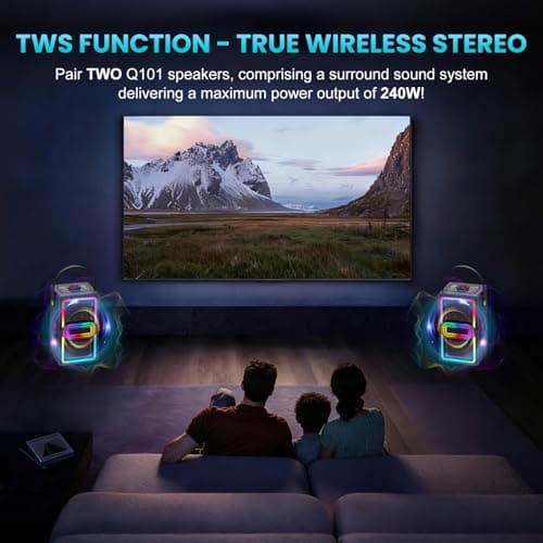 TAMPROAD Bluetooth Speaker, 120W Peak Power Wireless Speakers Boombox with Deep Bass, Portable Loud Stereo Sound Subwoofer with LED Light Show for Party, Outdoor, Camping (Black) view 3