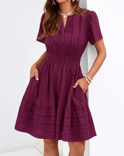 BTFBM Womens Spring 2026 Casual Mini Dresses Lightweight Short Sleeve V Neck Elastic Waist Cute Boho Beach Dress Pockets view 3