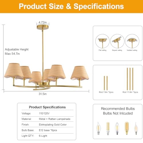 Pandaluna 31.5in Large Round Chandelier, Wagon Wheel Chandelier Boho Rustic Farmhouse Pendant Light Fixture, for Dining Room Living Room Kitchen Island Bedroom, Light Beige & Gold 1 Pack view 6