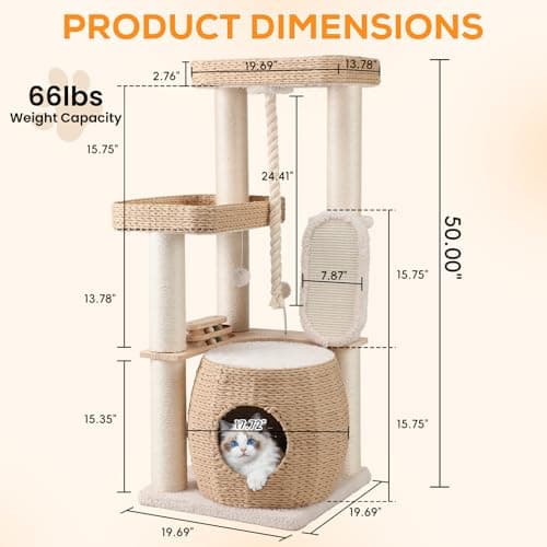 EMUST Luxury Modern Cat Tree Tower 50IN - Heavy-Duty Multi-Level Cat Condo with Extra-Large Hand-Woven Rattan Bed & Thickened Scratching Post for Indoor Cats Large Adult view 3