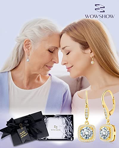 wowshow Moissanite Earrings for Women Mothers Day Gifts, 1ct 2ct TW VVS1 D Color Brilliant Round Cut Dangle Earrings, 18K Gold Plated Leverback Drop Earrings Sparkly Diamond Alternative Gift for Her view 3