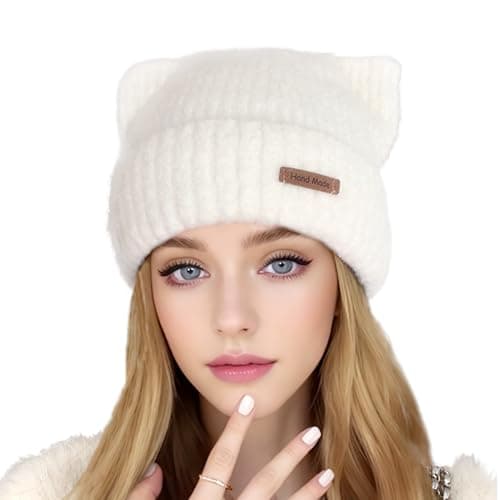 Cat Ear Beanie Cute White Cat Crochet Beanie Winter Warm Hat Knitted Cap for Women Girls — image 1