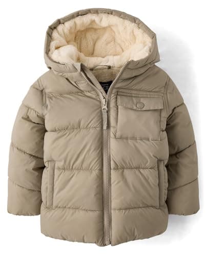 The Children's Place,Baby Boys,and Toddler Water and Wind Resistant Hooded Zip Front Puffer Jacket, Faux Fur Lined,Chinchilla,9 Months,12 Months