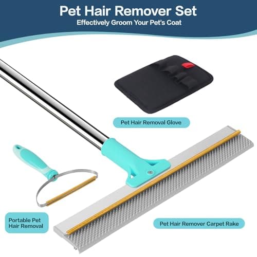 3 in 1 Carpet Rake for Pet Hair Removal, Reusable Pet Hair Remover Broom with 54" Adjustable Long Handle, Dog Cat Carpet Scraper Brush Tool Kit for Cleaning, Dog Fur Broom for Rugs, Mats, Couch view 3