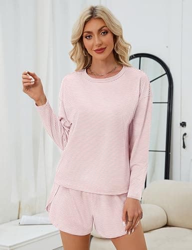 JUSTFASHIONNOW Womens Pajama Sets Striped Two Piece Lounge Sets Long Sleeve Top and Split Shorts Print Sleepwear Comfy Pjs view 4